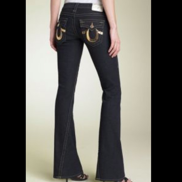 True Religion Denim - True Religion Joey Gold Sequins Pockets Flared Leg Jeans